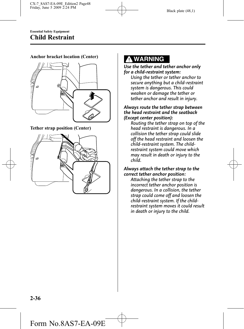 Form no.8as7-ea-09e, Child restraint, Warning | Mazda 2010 CX-7 User Manual | Page 48 / 510