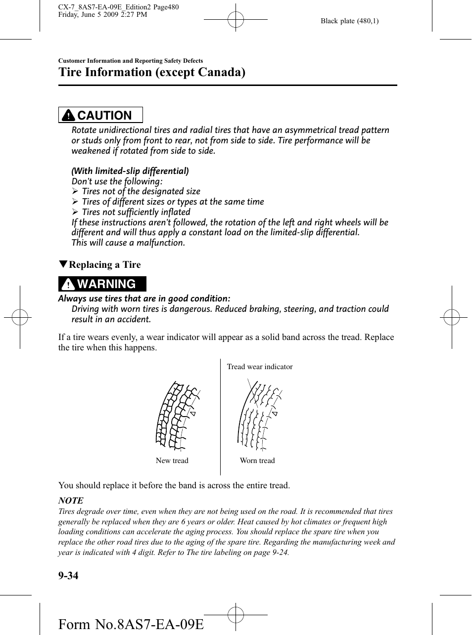 Form no.8as7-ea-09e, Tire information (except canada), Caution | Warning | Mazda 2010 CX-7 User Manual | Page 480 / 510