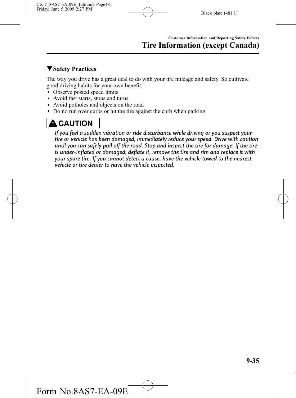 Form no.8as7-ea-09e, Tire information (except canada), Caution | Mazda 2010 CX-7 User Manual | Page 481 / 510