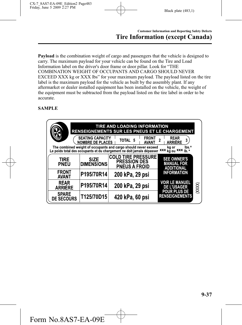 Form no.8as7-ea-09e, Tire information (except canada) | Mazda 2010 CX-7 User Manual | Page 483 / 510