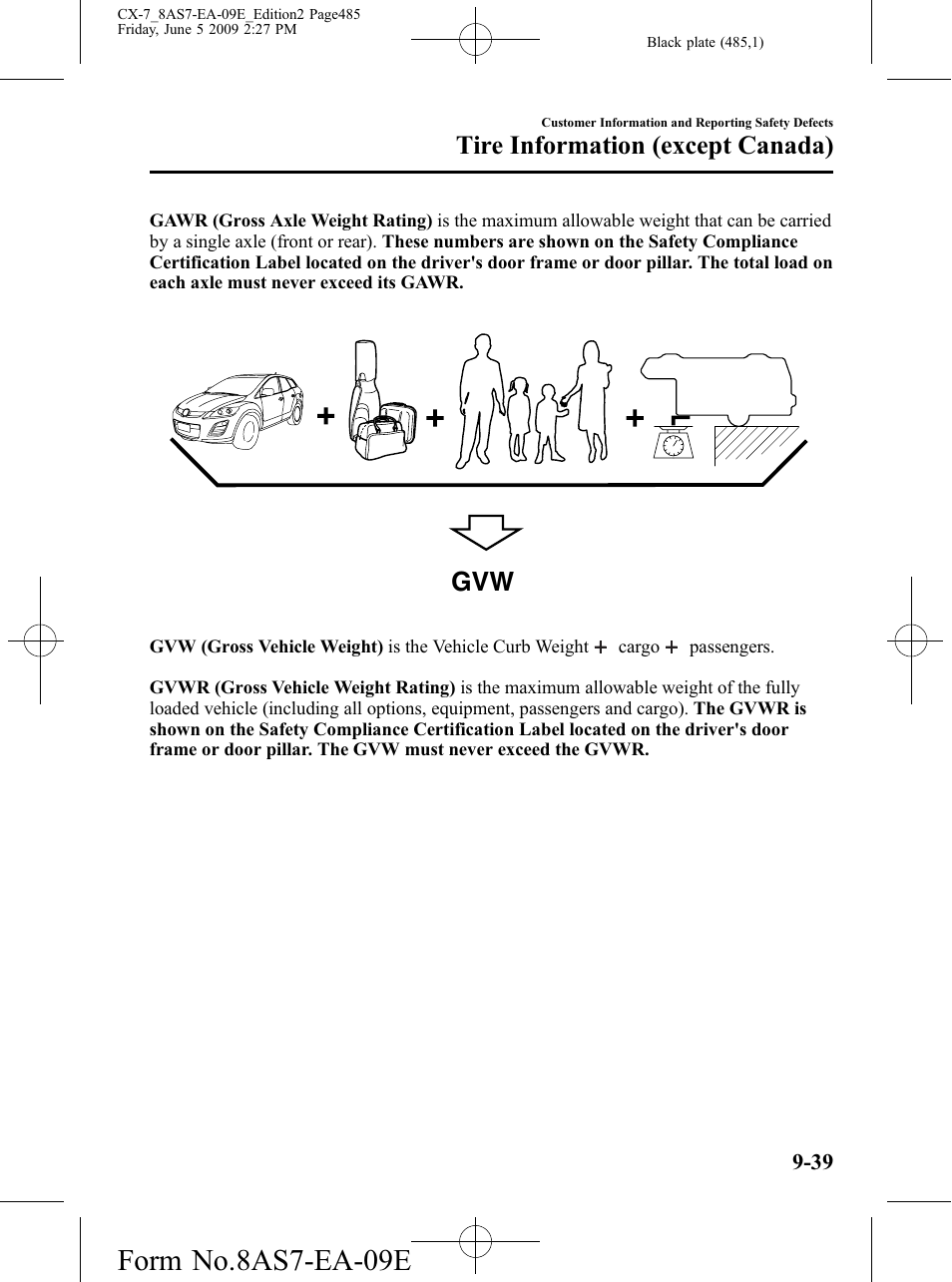 Form no.8as7-ea-09e, Tire information (except canada) | Mazda 2010 CX-7 User Manual | Page 485 / 510