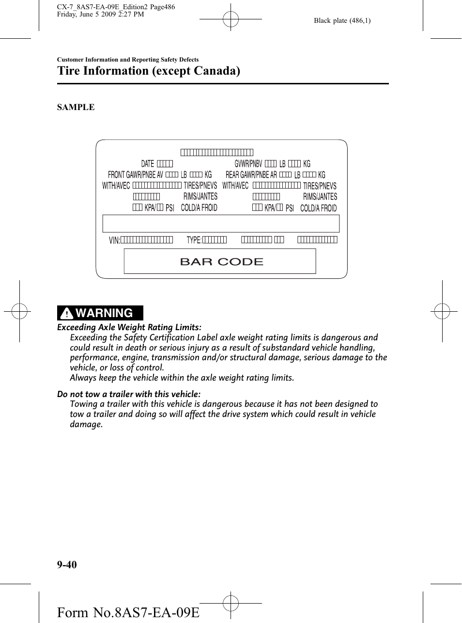 Form no.8as7-ea-09e, Tire information (except canada), Warning | Mazda 2010 CX-7 User Manual | Page 486 / 510