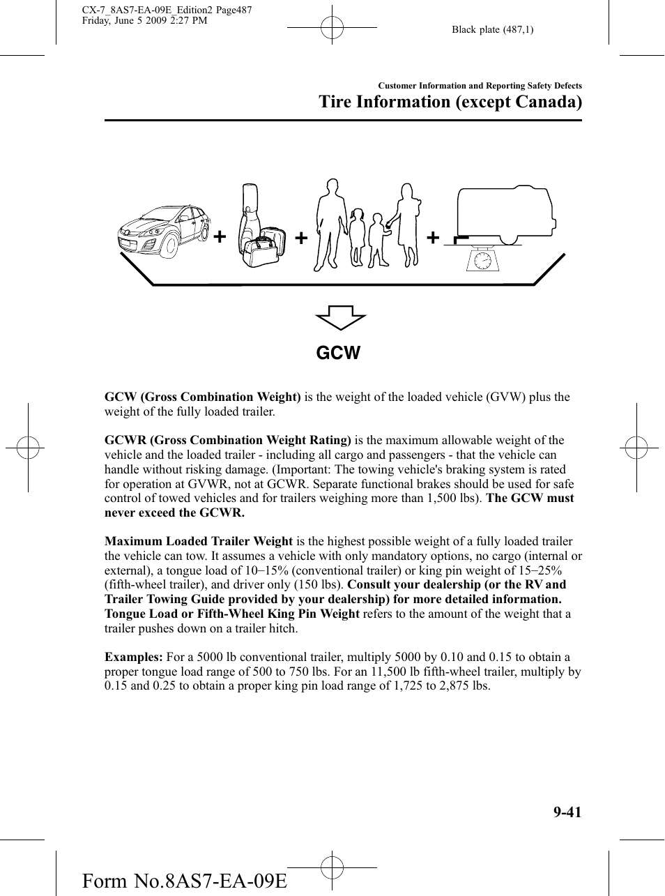 Form no.8as7-ea-09e, Tire information (except canada) | Mazda 2010 CX-7 User Manual | Page 487 / 510