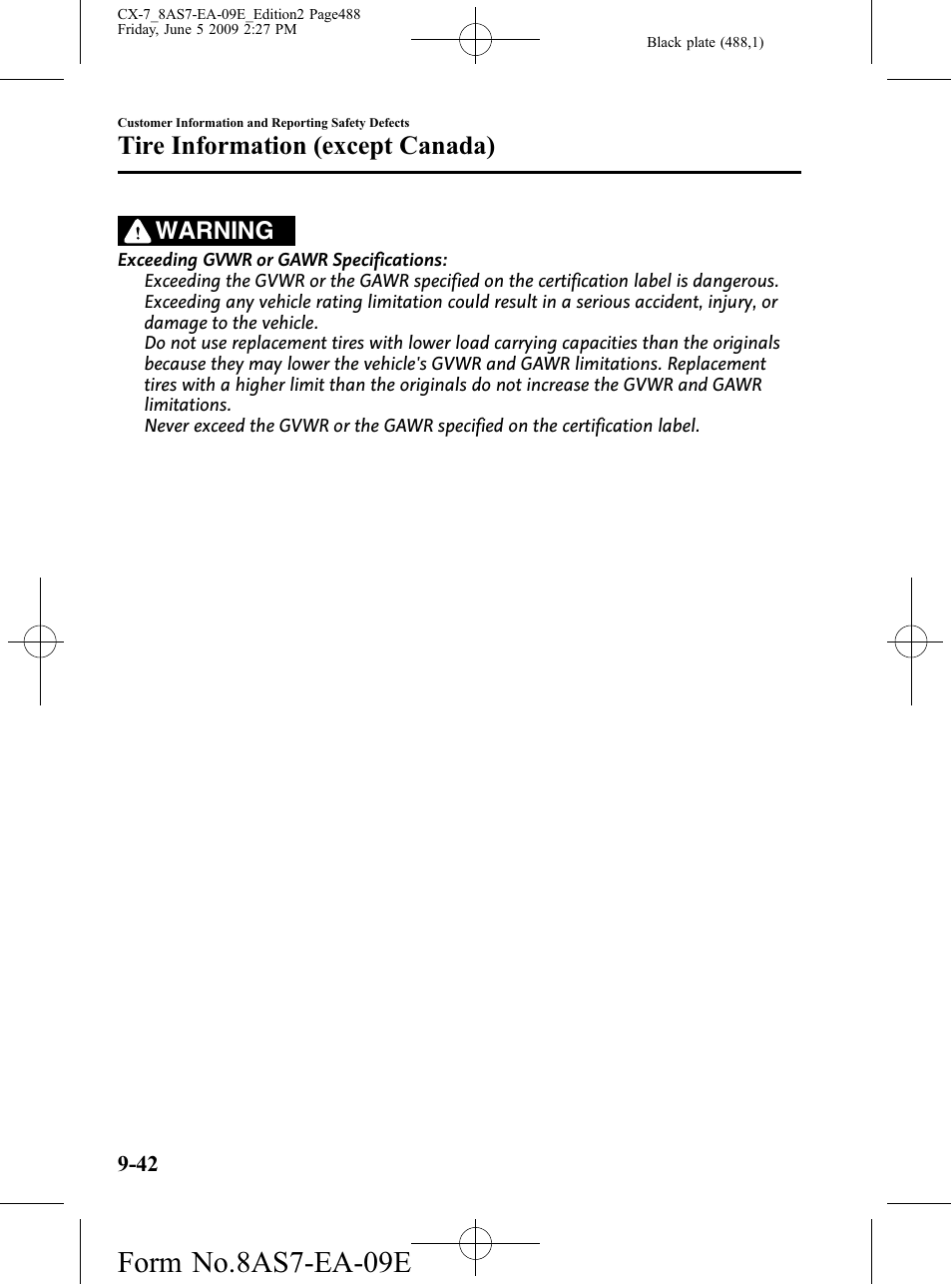 Form no.8as7-ea-09e, Tire information (except canada), Warning | Mazda 2010 CX-7 User Manual | Page 488 / 510