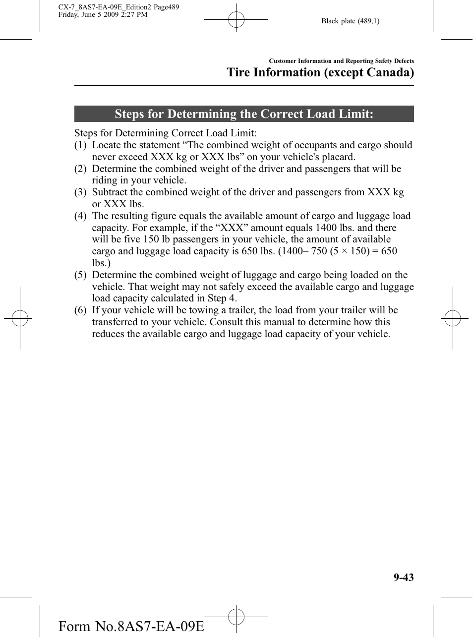 Steps for determining the correct load limit, Steps for determining the correct load limit: -43, Form no.8as7-ea-09e | Tire information (except canada) | Mazda 2010 CX-7 User Manual | Page 489 / 510