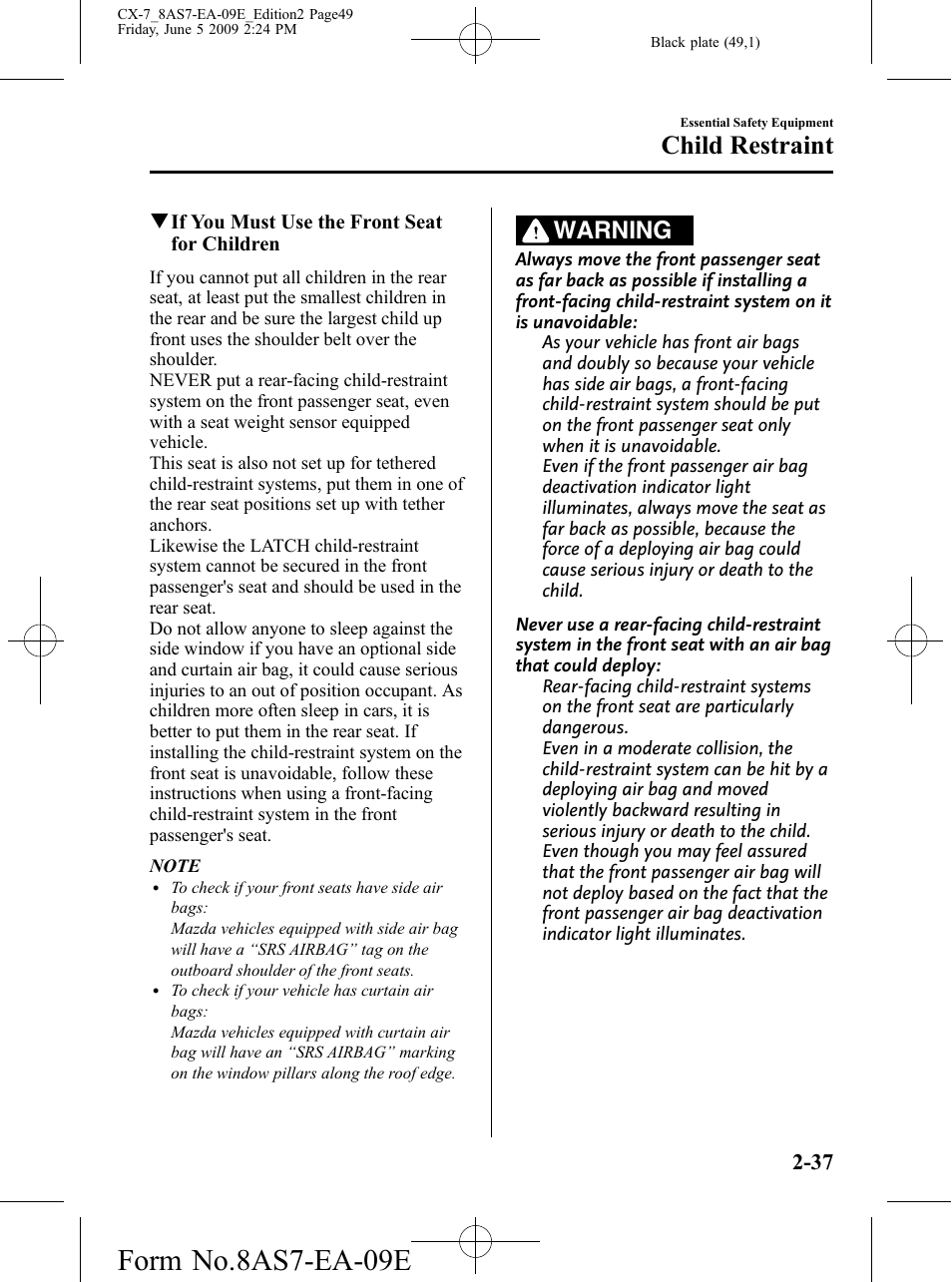 Form no.8as7-ea-09e, Child restraint, Warning | Mazda 2010 CX-7 User Manual | Page 49 / 510