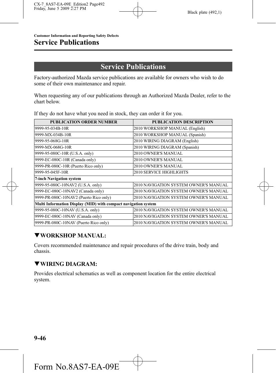 Service publications, Service publications -46, Form no.8as7-ea-09e | Qworkshop manual, Qwiring diagram | Mazda 2010 CX-7 User Manual | Page 492 / 510