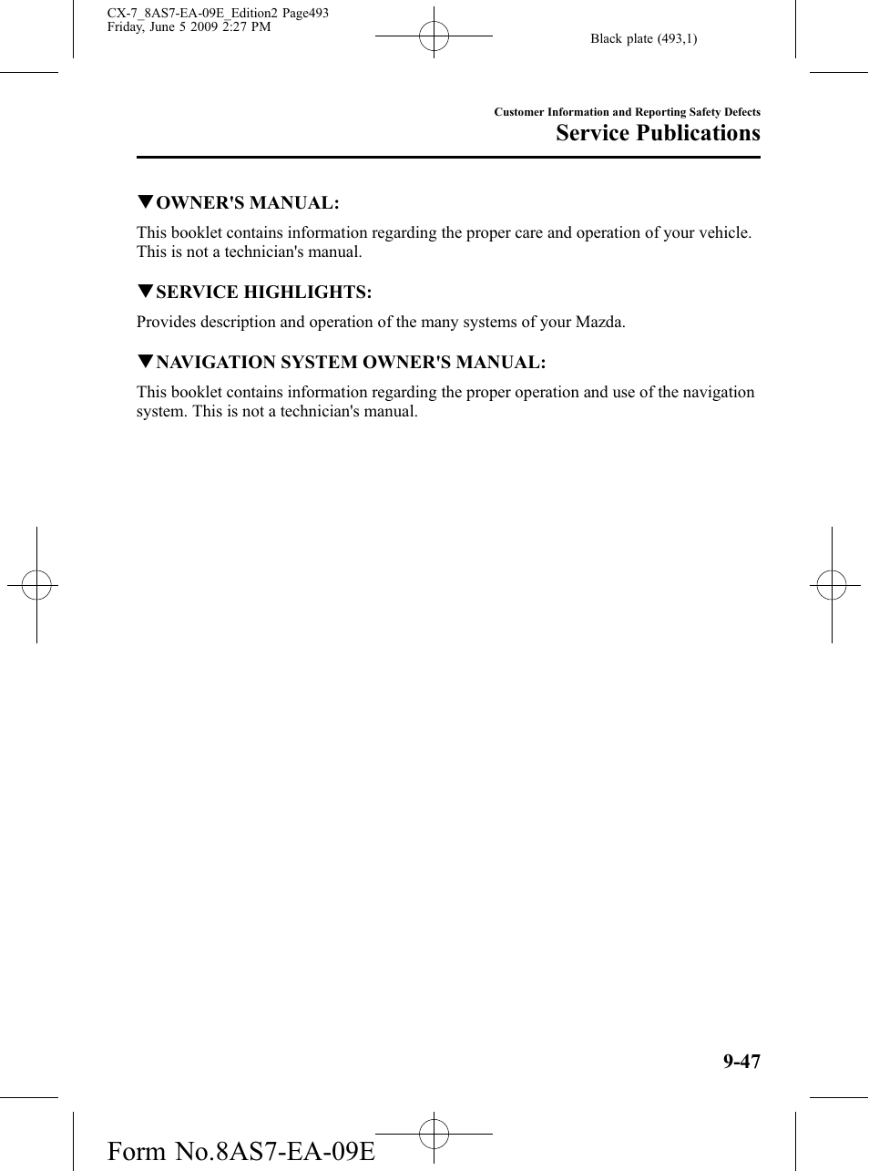 Form no.8as7-ea-09e, Service publications | Mazda 2010 CX-7 User Manual | Page 493 / 510