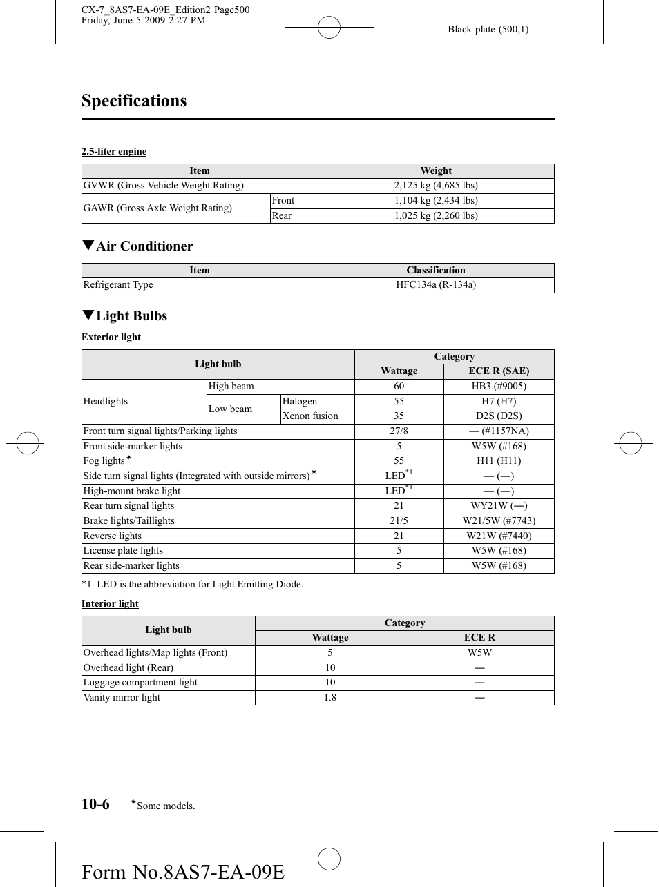 Form no.8as7-ea-09e, Specifications, Qair conditioner | Qlight bulbs | Mazda 2010 CX-7 User Manual | Page 500 / 510