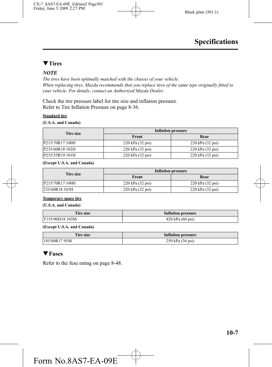 Form no.8as7-ea-09e, Specifications, Qtires | Qfuses | Mazda 2010 CX-7 User Manual | Page 501 / 510