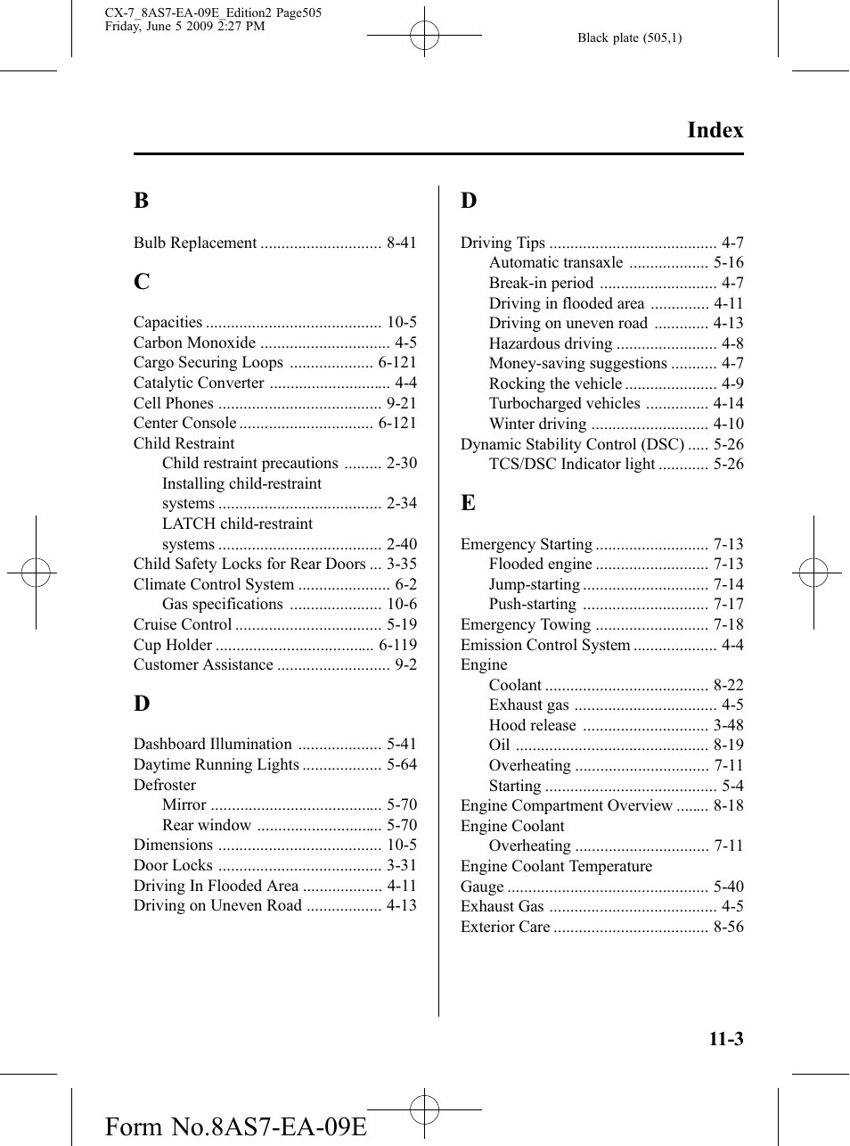 Form no.8as7-ea-09e, Index | Mazda 2010 CX-7 User Manual | Page 505 / 510
