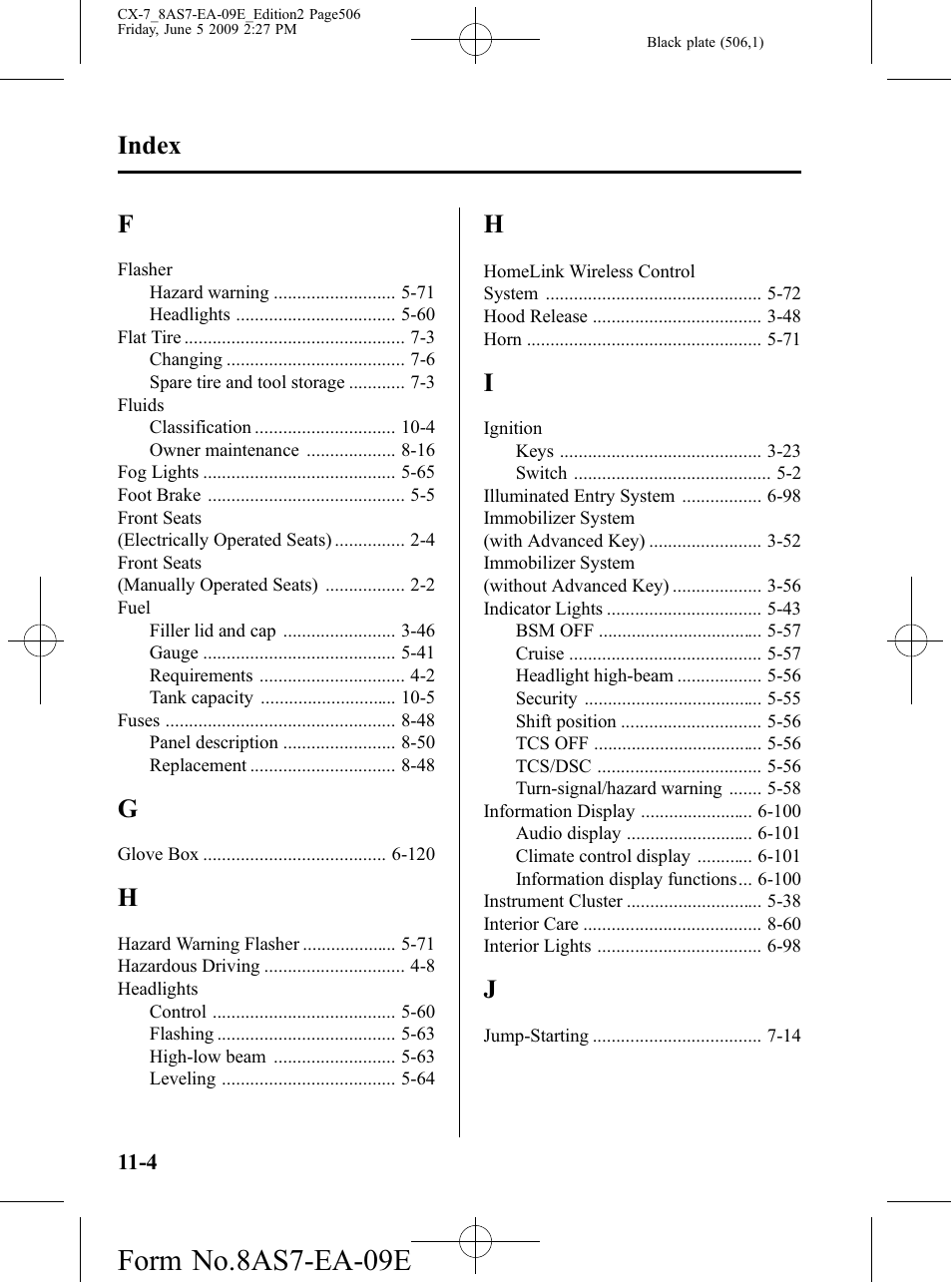 Form no.8as7-ea-09e, Index | Mazda 2010 CX-7 User Manual | Page 506 / 510