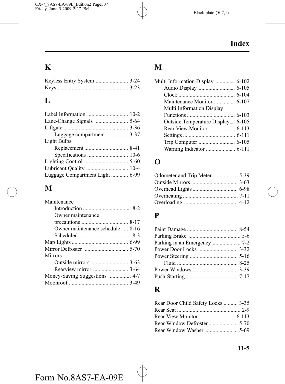 Form no.8as7-ea-09e, Index | Mazda 2010 CX-7 User Manual | Page 507 / 510