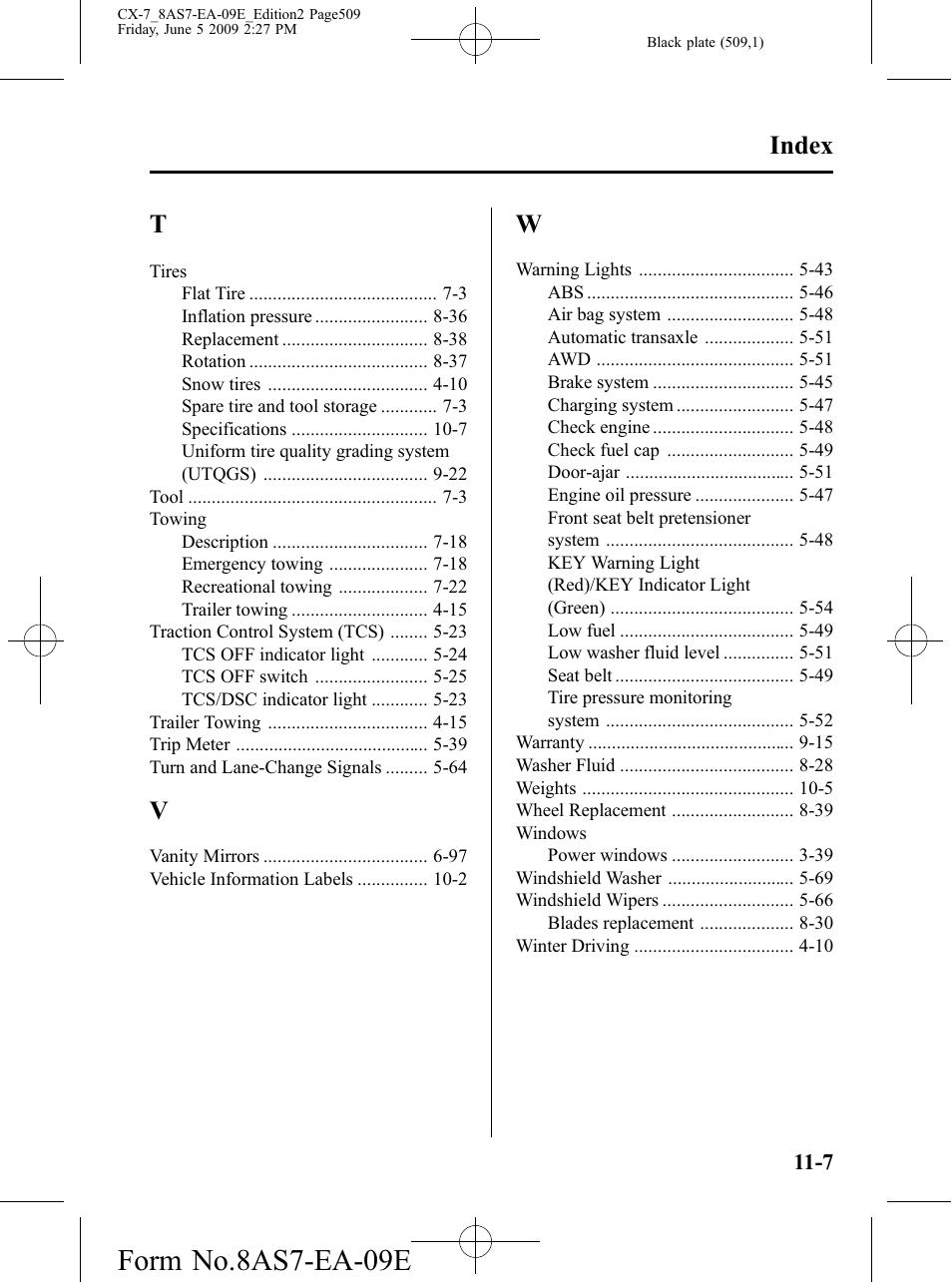 Form no.8as7-ea-09e, Index | Mazda 2010 CX-7 User Manual | Page 509 / 510