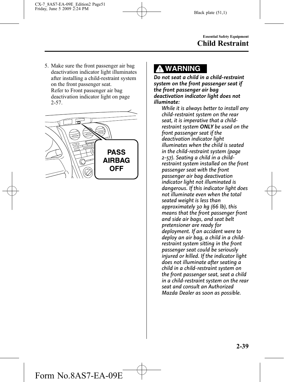 Form no.8as7-ea-09e, Child restraint, Warning | Mazda 2010 CX-7 User Manual | Page 51 / 510