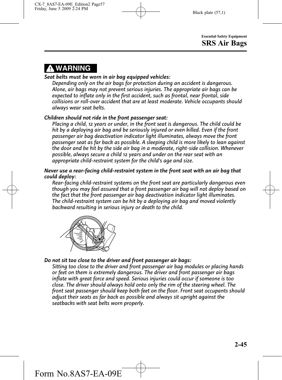 Form no.8as7-ea-09e, Srs air bags, Warning | Mazda 2010 CX-7 User Manual | Page 57 / 510