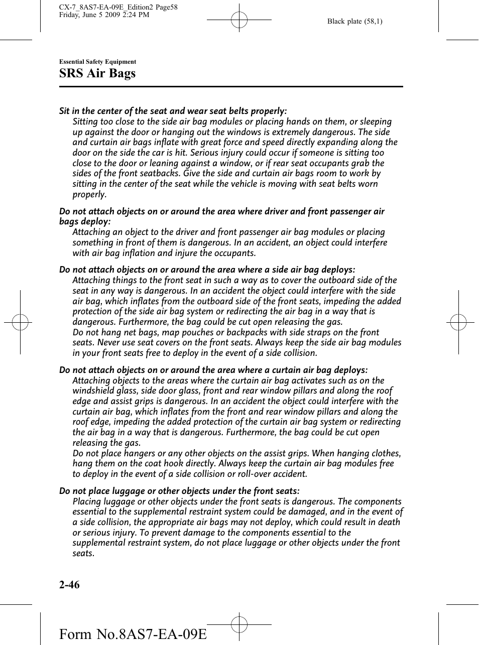 Form no.8as7-ea-09e, Srs air bags | Mazda 2010 CX-7 User Manual | Page 58 / 510