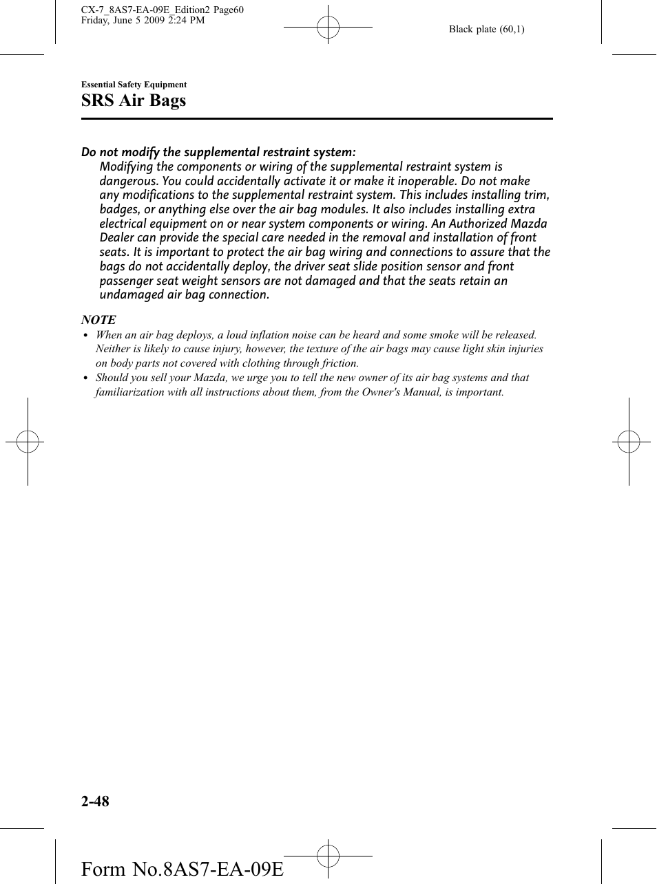 Form no.8as7-ea-09e, Srs air bags | Mazda 2010 CX-7 User Manual | Page 60 / 510