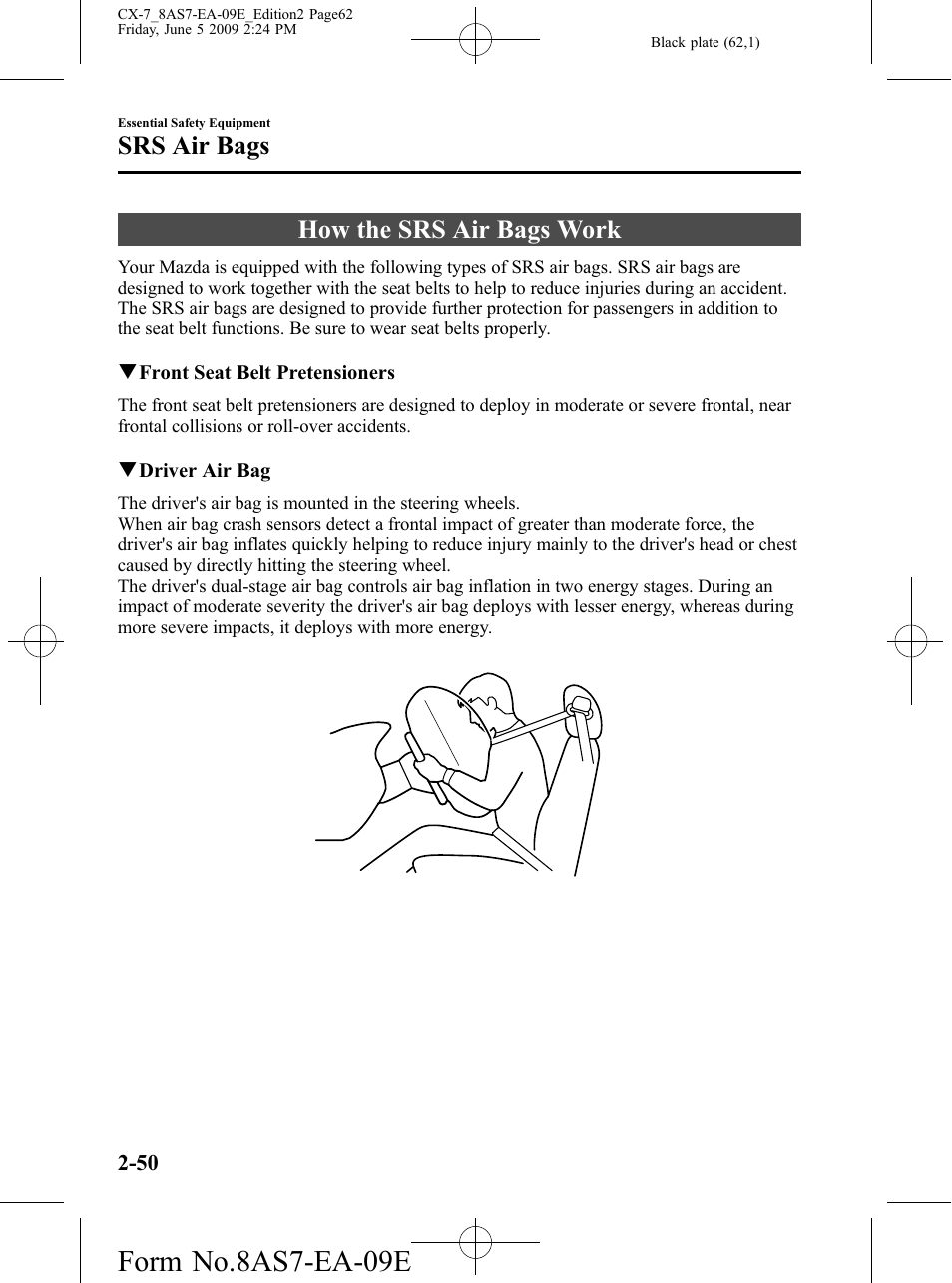 How the srs air bags work, How the srs air bags work -50, Form no.8as7-ea-09e | Srs air bags | Mazda 2010 CX-7 User Manual | Page 62 / 510