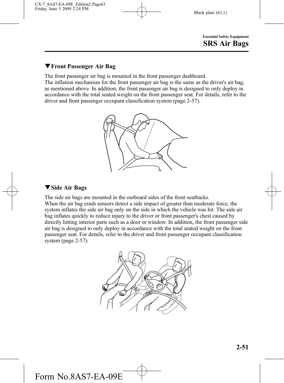 Form no.8as7-ea-09e, Srs air bags | Mazda 2010 CX-7 User Manual | Page 63 / 510