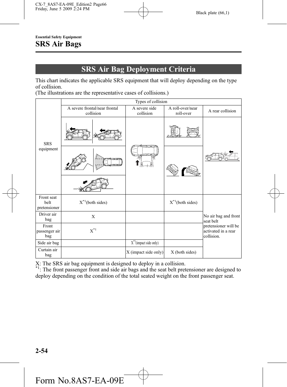 Srs air bag deployment criteria, Srs air bag deployment criteria -54, Form no.8as7-ea-09e | Srs air bags | Mazda 2010 CX-7 User Manual | Page 66 / 510