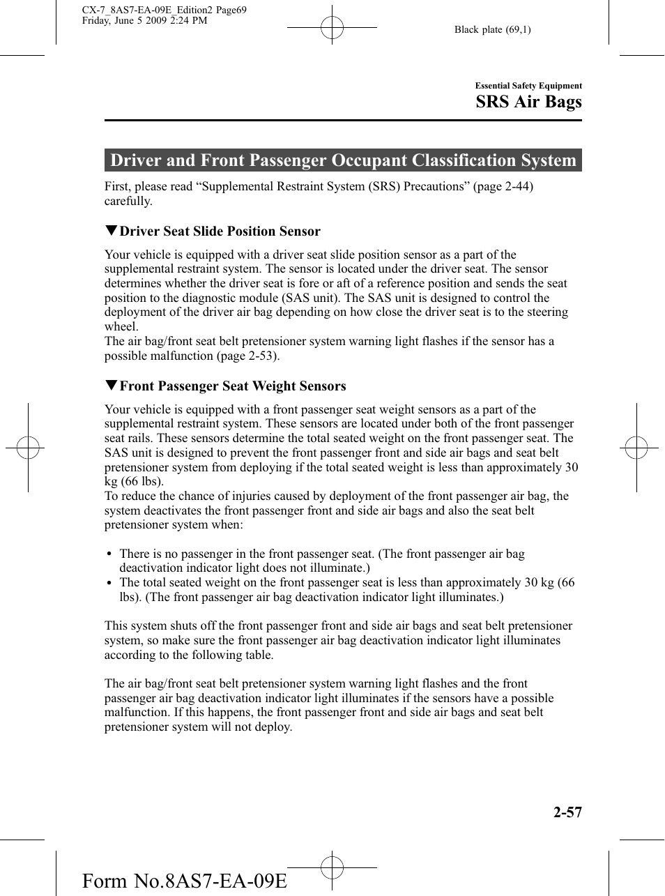 Form no.8as7-ea-09e, Srs air bags | Mazda 2010 CX-7 User Manual | Page 69 / 510