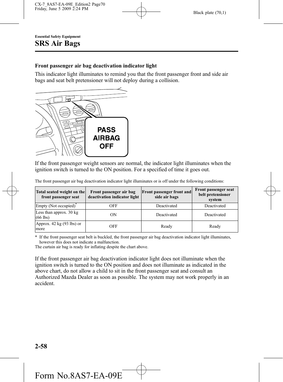 Form no.8as7-ea-09e, Srs air bags | Mazda 2010 CX-7 User Manual | Page 70 / 510