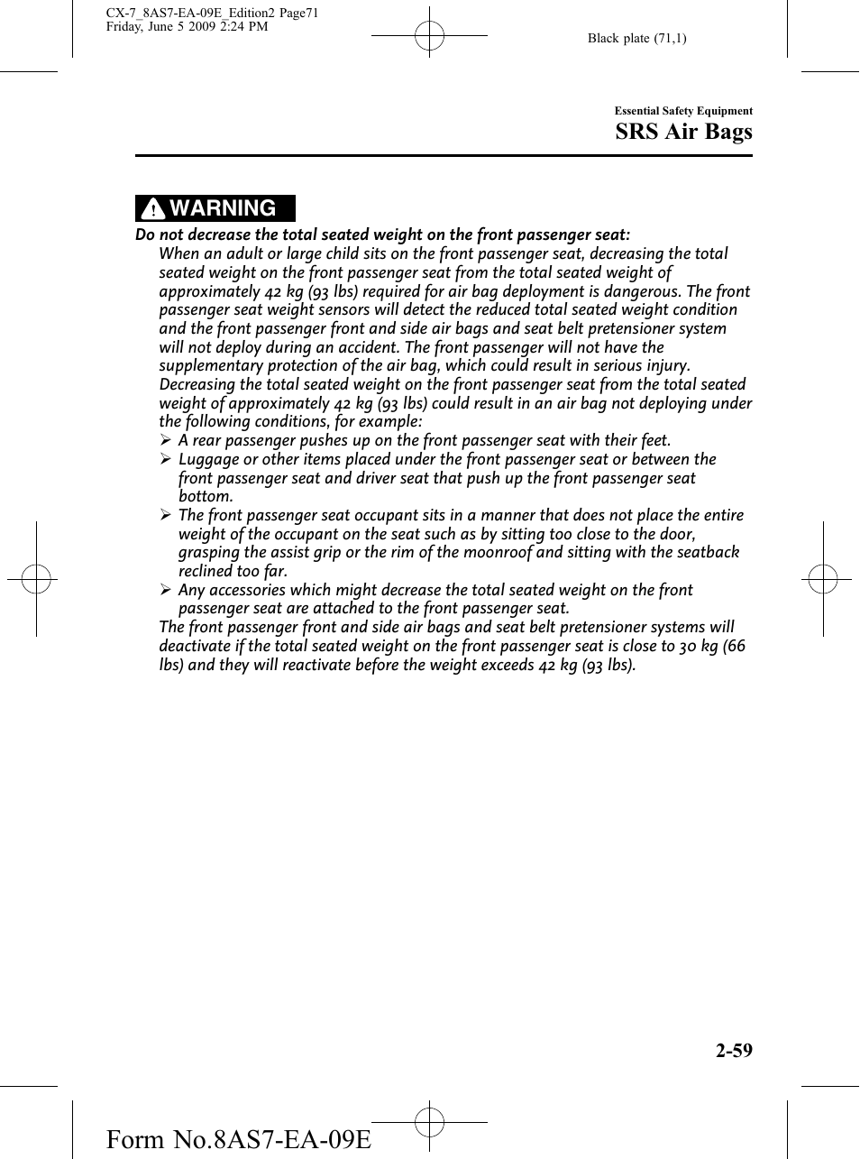 Form no.8as7-ea-09e, Srs air bags, Warning | Mazda 2010 CX-7 User Manual | Page 71 / 510