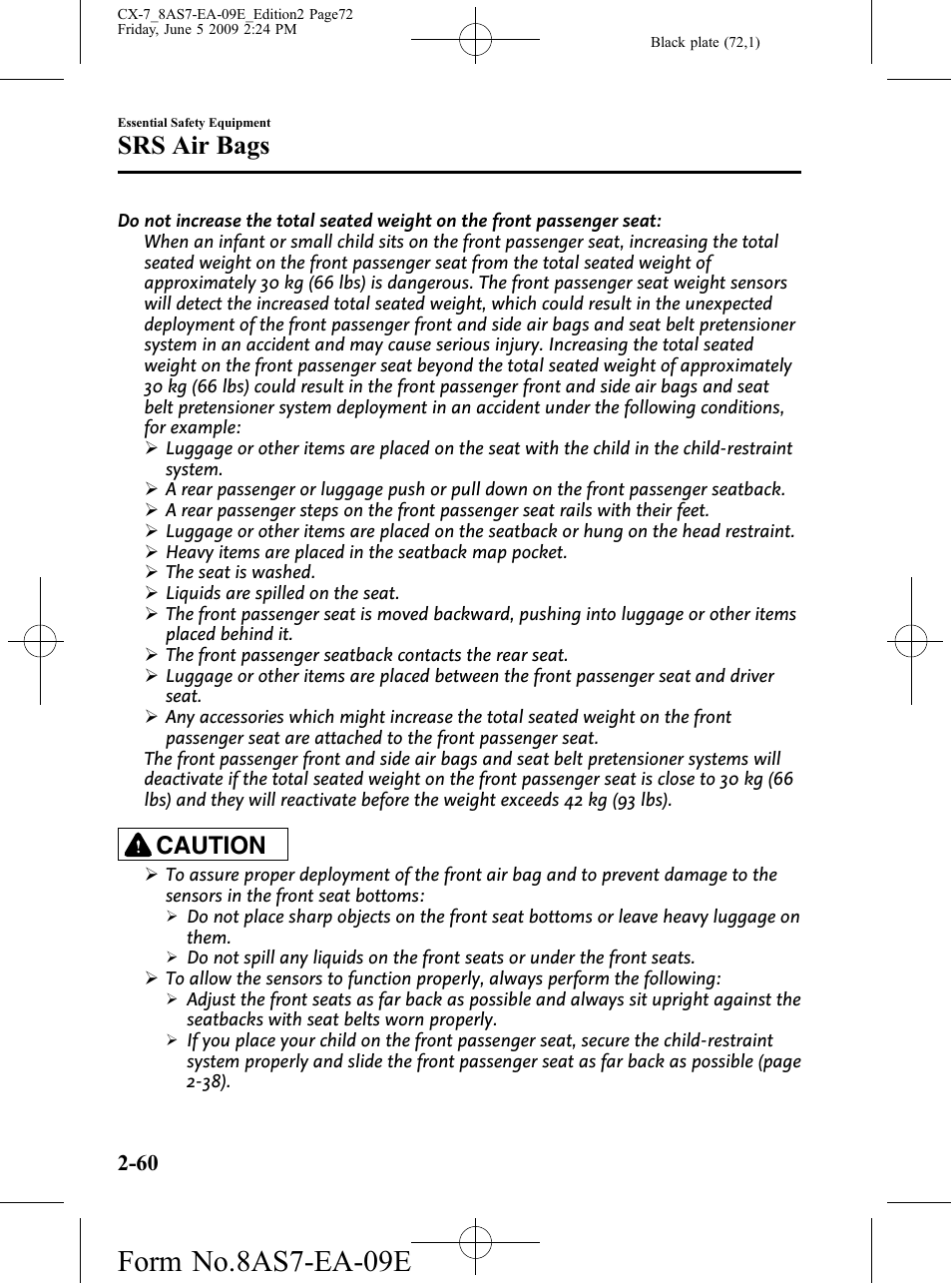 Form no.8as7-ea-09e, Srs air bags, Caution | Mazda 2010 CX-7 User Manual | Page 72 / 510