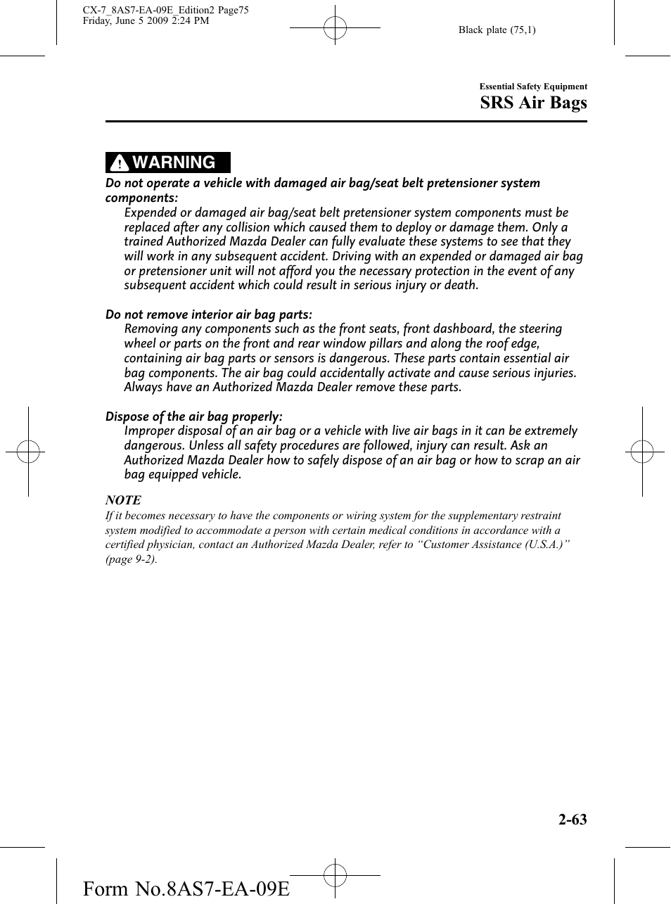 Form no.8as7-ea-09e, Srs air bags, Warning | Mazda 2010 CX-7 User Manual | Page 75 / 510