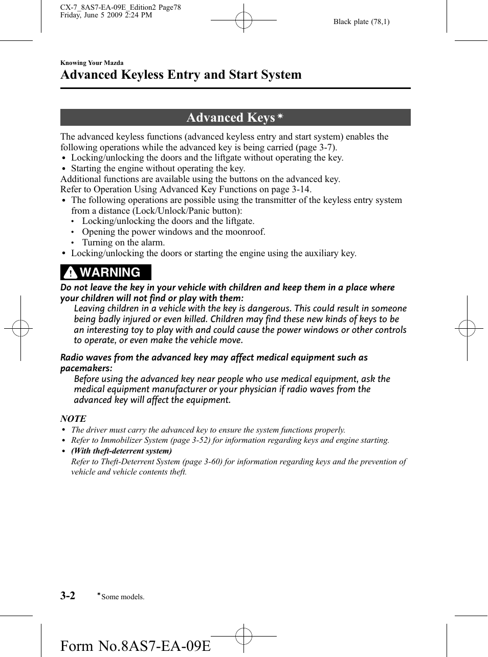 Advanced keyless entry and start system, Advanced keys, Advanced keyless entry and start system -2 | Form no.8as7-ea-09e, Warning | Mazda 2010 CX-7 User Manual | Page 78 / 510