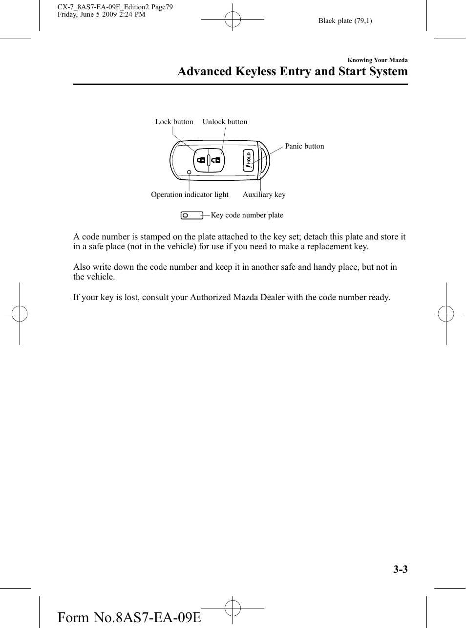 Form no.8as7-ea-09e, Advanced keyless entry and start system | Mazda 2010 CX-7 User Manual | Page 79 / 510