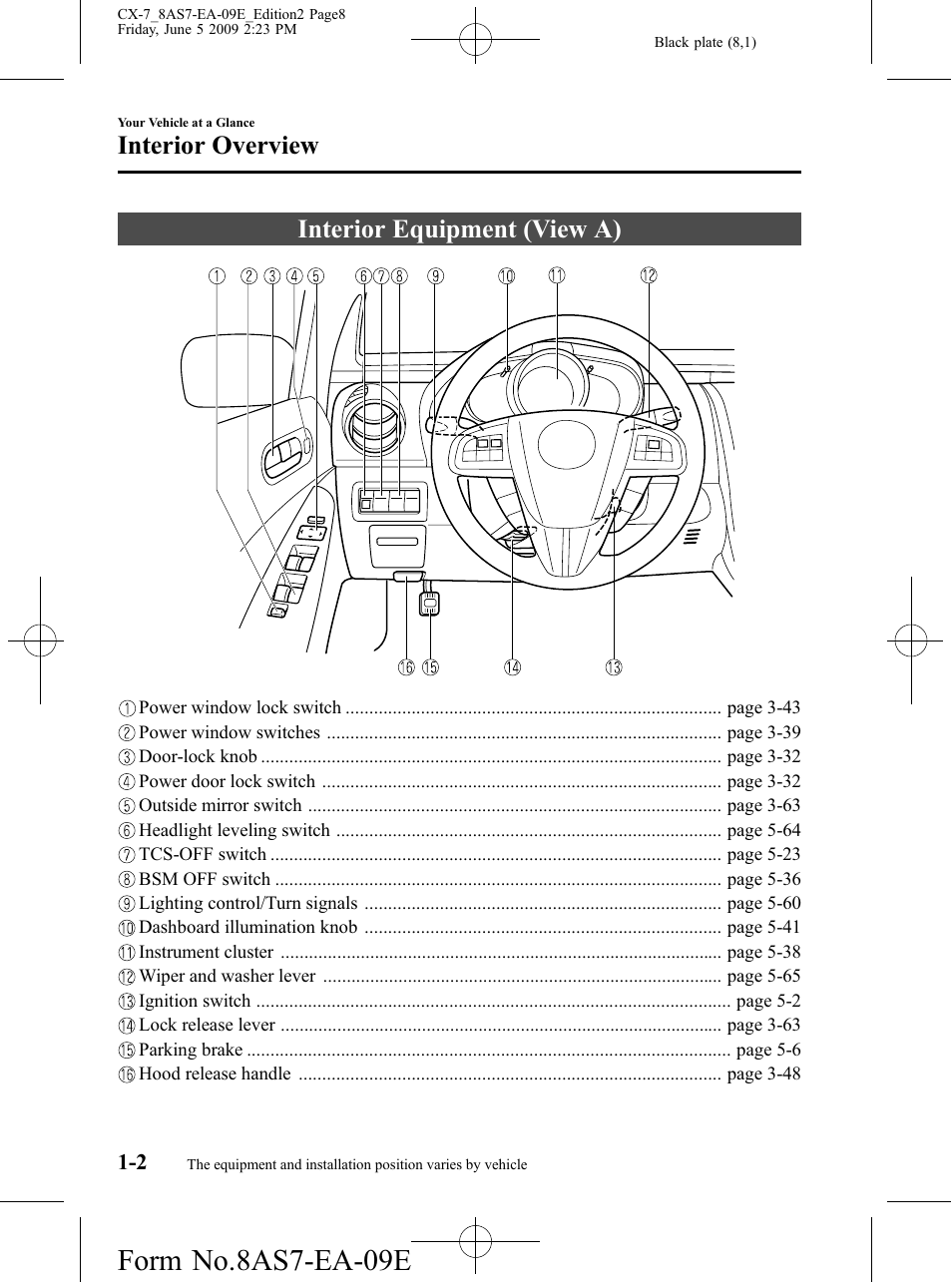 Interior overview, Interior equipment (view a), Interior overview -2 | Interior equipment (view a) -2, Form no.8as7-ea-09e | Mazda 2010 CX-7 User Manual | Page 8 / 510
