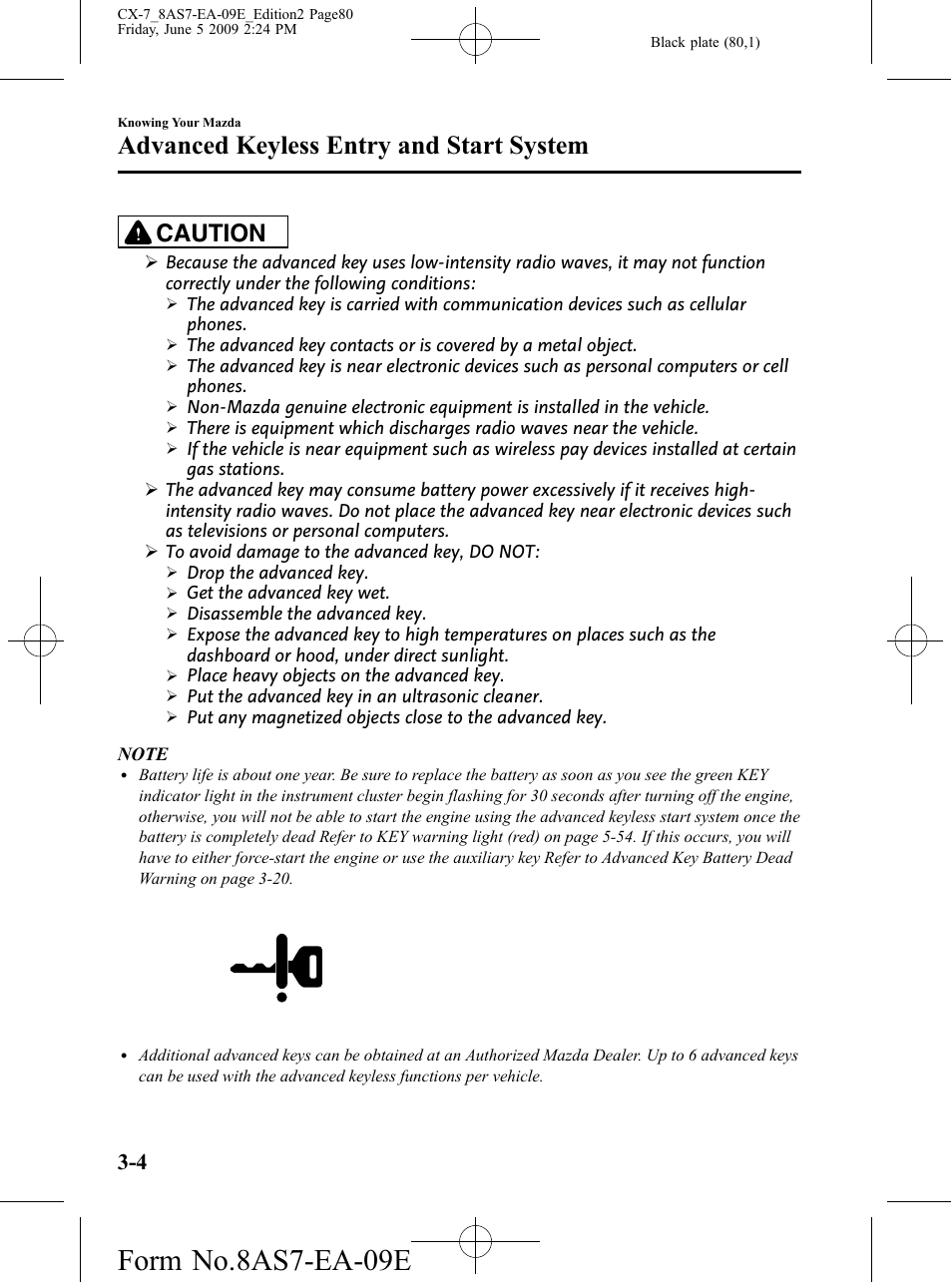 Form no.8as7-ea-09e, Advanced keyless entry and start system, Caution | Mazda 2010 CX-7 User Manual | Page 80 / 510