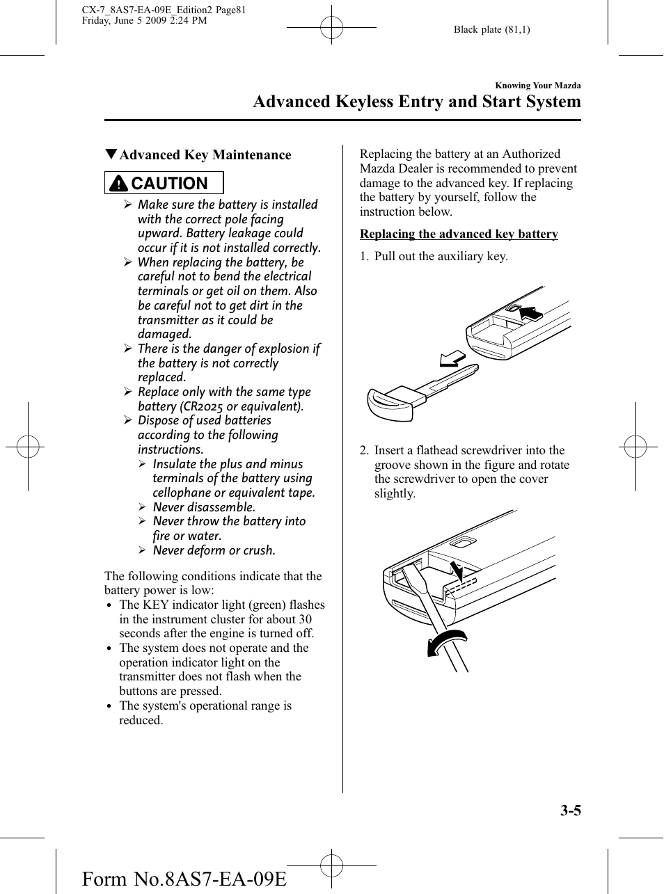 Form no.8as7-ea-09e, Advanced keyless entry and start system, Caution | Mazda 2010 CX-7 User Manual | Page 81 / 510