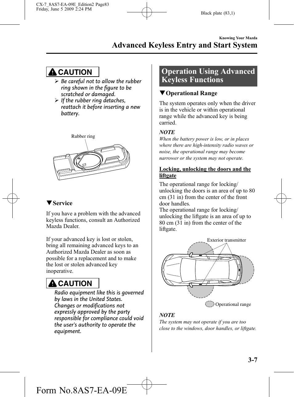 Operation using advanced keyless functions, Operation using advanced keyless functions -7, Form no.8as7-ea-09e | Advanced keyless entry and start system, Caution | Mazda 2010 CX-7 User Manual | Page 83 / 510