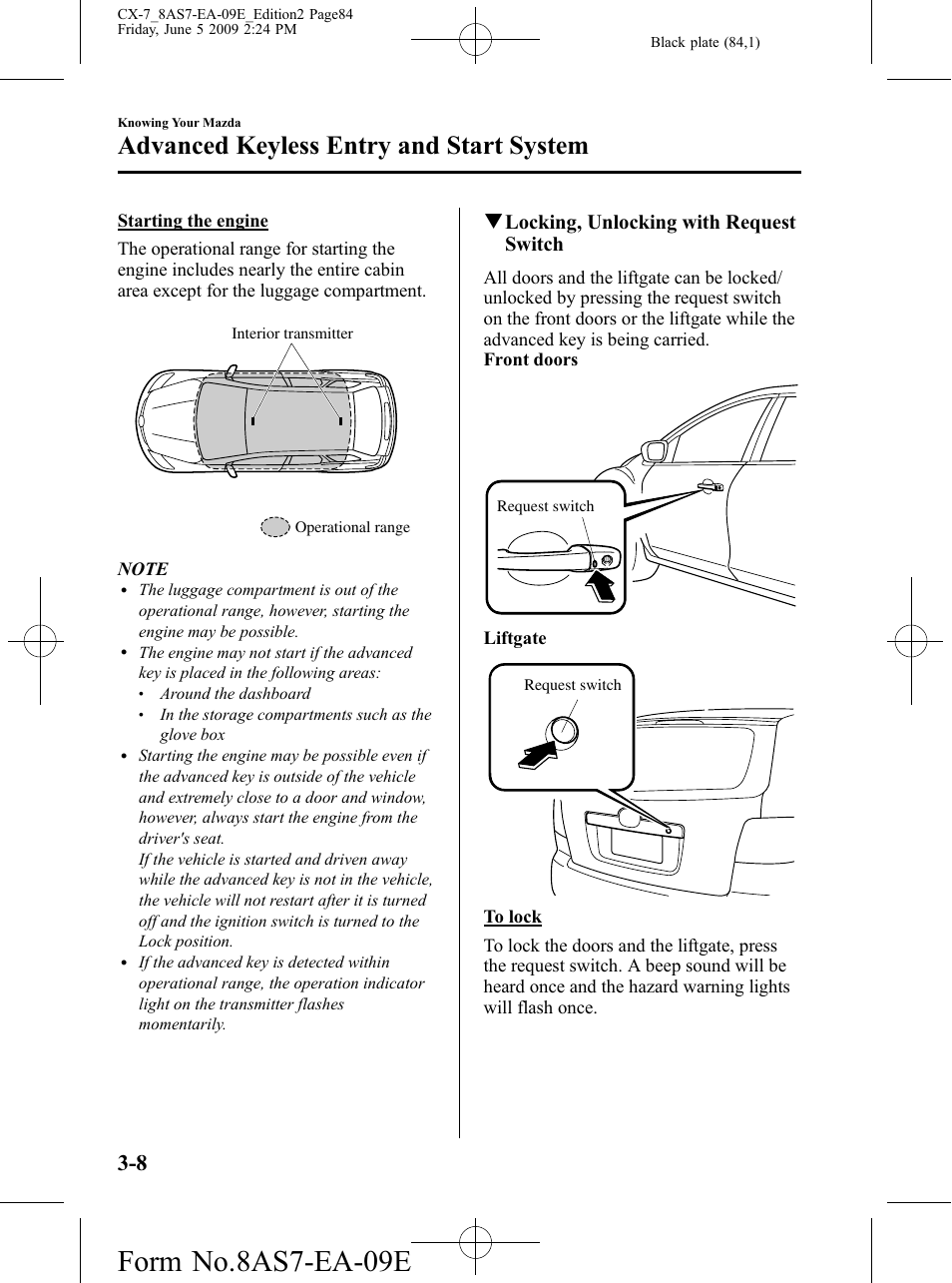 Form no.8as7-ea-09e, Advanced keyless entry and start system, Qlocking, unlocking with request switch | Mazda 2010 CX-7 User Manual | Page 84 / 510
