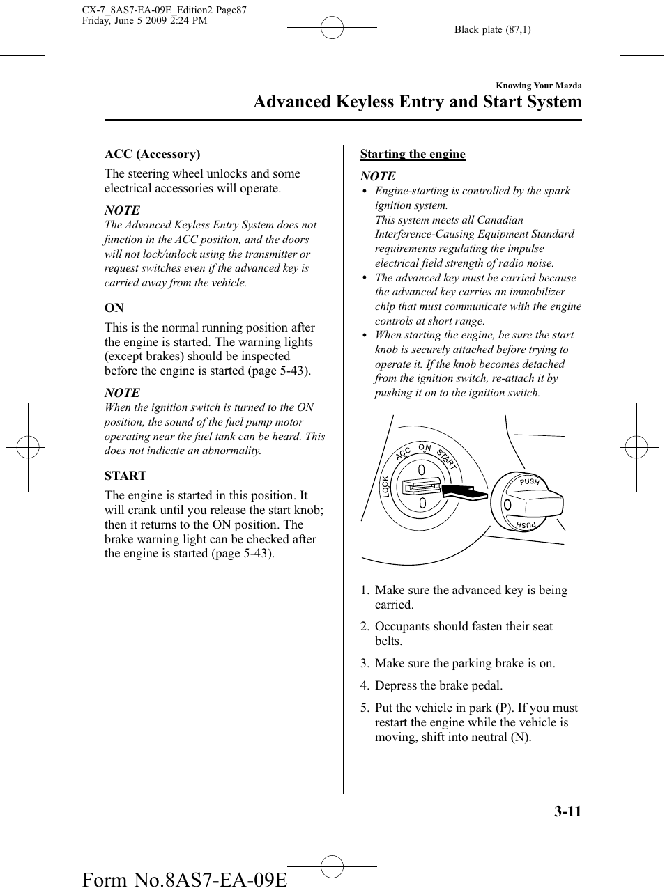 Form no.8as7-ea-09e, Advanced keyless entry and start system | Mazda 2010 CX-7 User Manual | Page 87 / 510