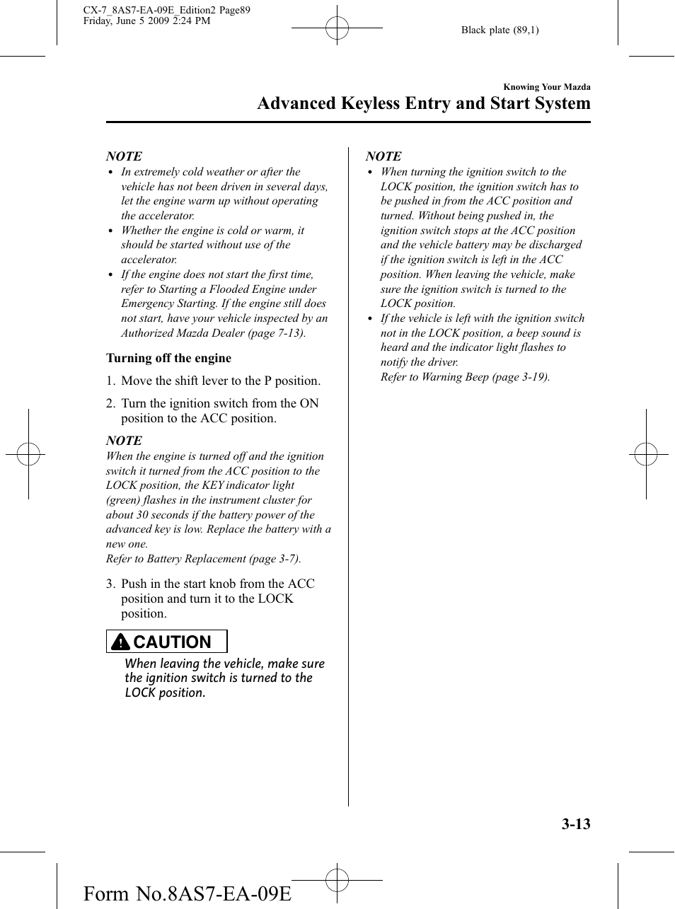 Form no.8as7-ea-09e, Advanced keyless entry and start system, Caution | Mazda 2010 CX-7 User Manual | Page 89 / 510