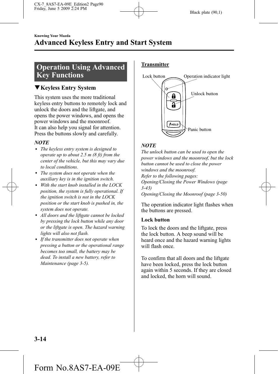 Operation using advanced key functions, Operation using advanced key functions -14, Form no.8as7-ea-09e | Advanced keyless entry and start system, Qkeyless entry system | Mazda 2010 CX-7 User Manual | Page 90 / 510