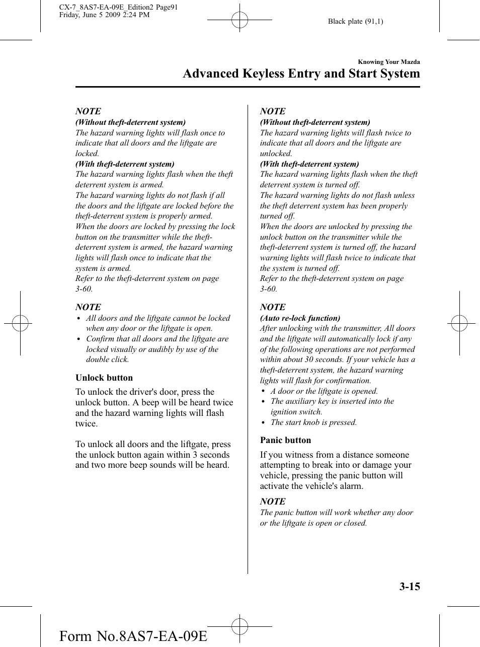 Form no.8as7-ea-09e, Advanced keyless entry and start system | Mazda 2010 CX-7 User Manual | Page 91 / 510
