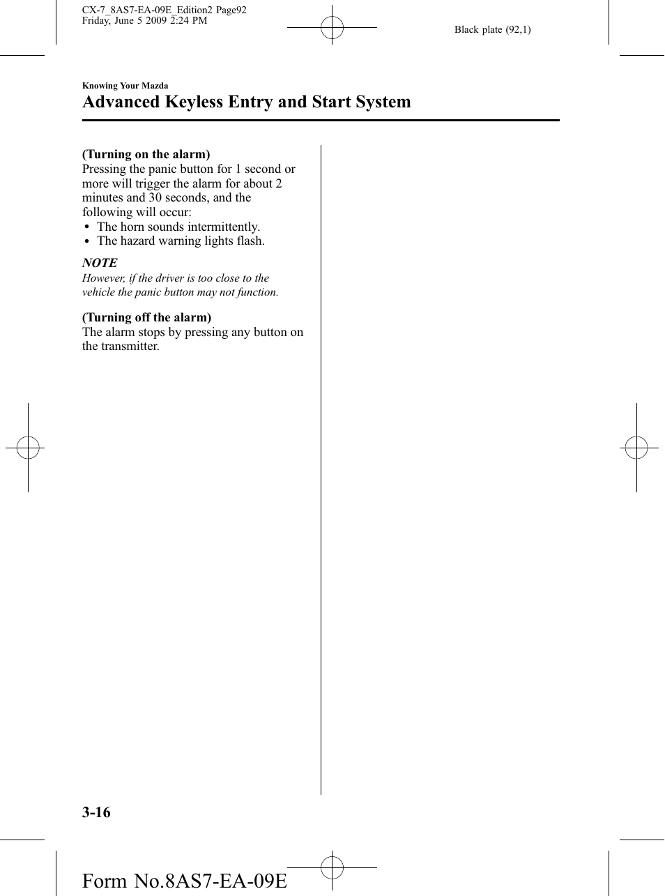 Form no.8as7-ea-09e, Advanced keyless entry and start system | Mazda 2010 CX-7 User Manual | Page 92 / 510