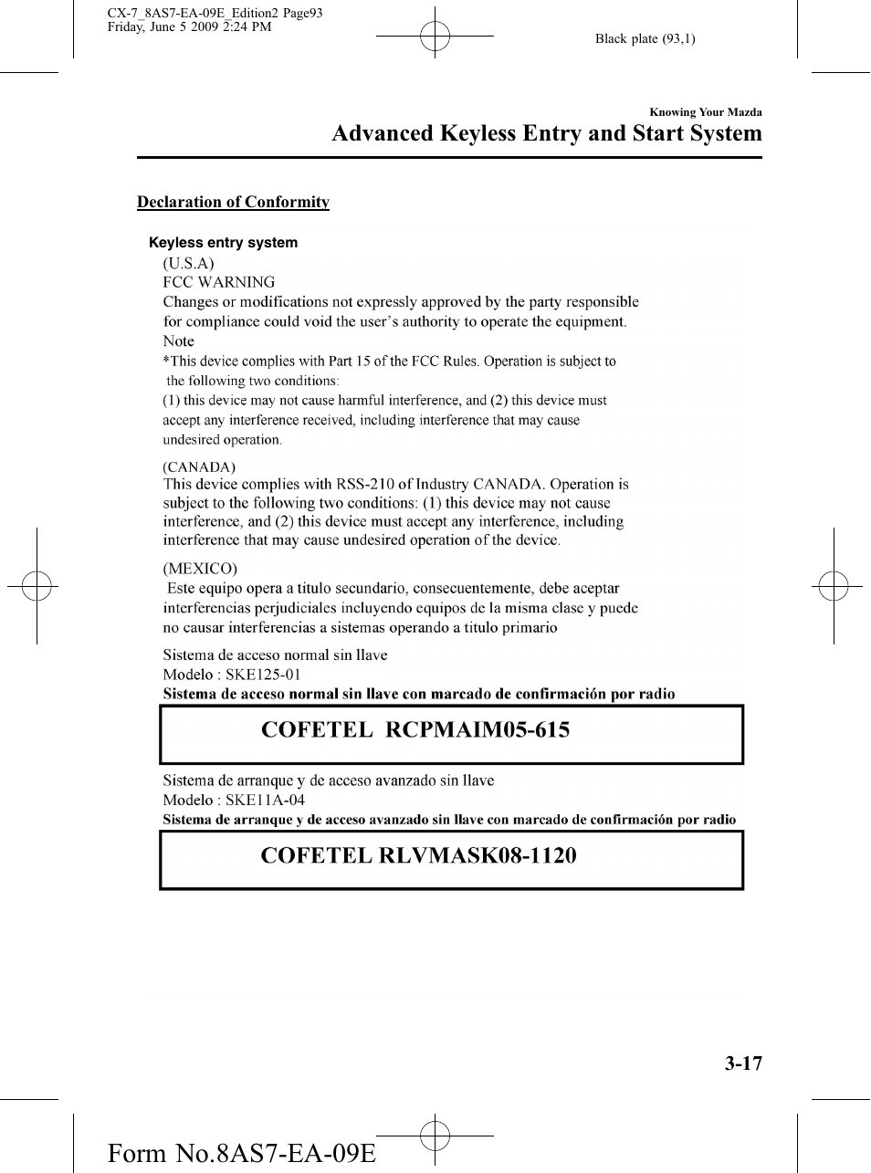 Form no.8as7-ea-09e, Advanced keyless entry and start system | Mazda 2010 CX-7 User Manual | Page 93 / 510