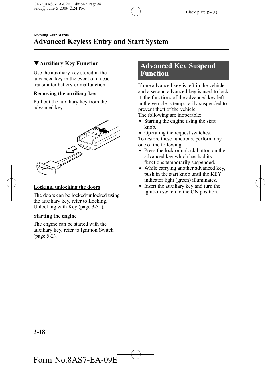 Advanced key suspend function, Advanced key suspend function -18, Form no.8as7-ea-09e | Advanced keyless entry and start system | Mazda 2010 CX-7 User Manual | Page 94 / 510