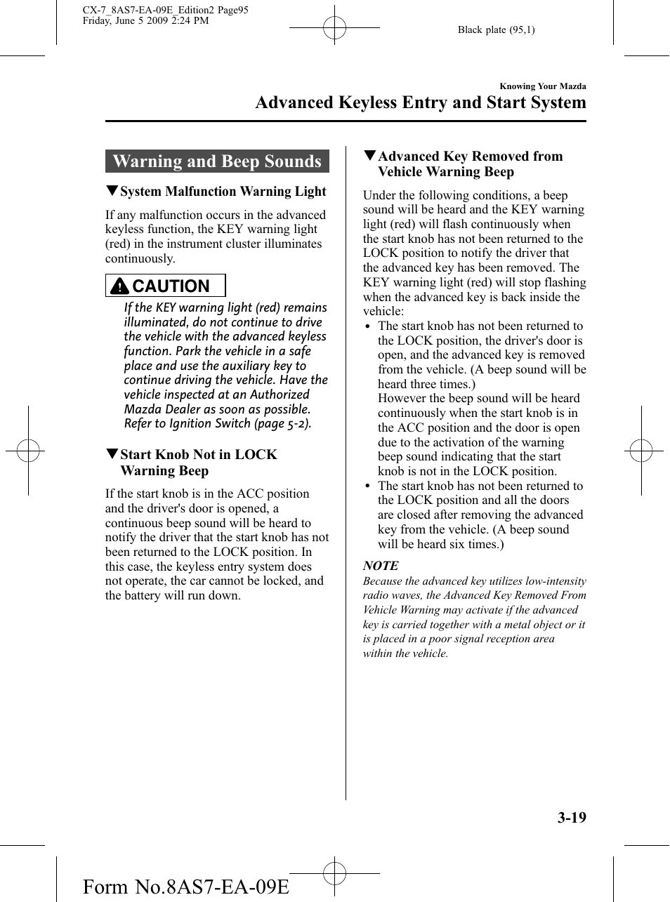 Warning and beep sounds, Warning and beep sounds -19, Form no.8as7-ea-09e | Advanced keyless entry and start system, Caution | Mazda 2010 CX-7 User Manual | Page 95 / 510