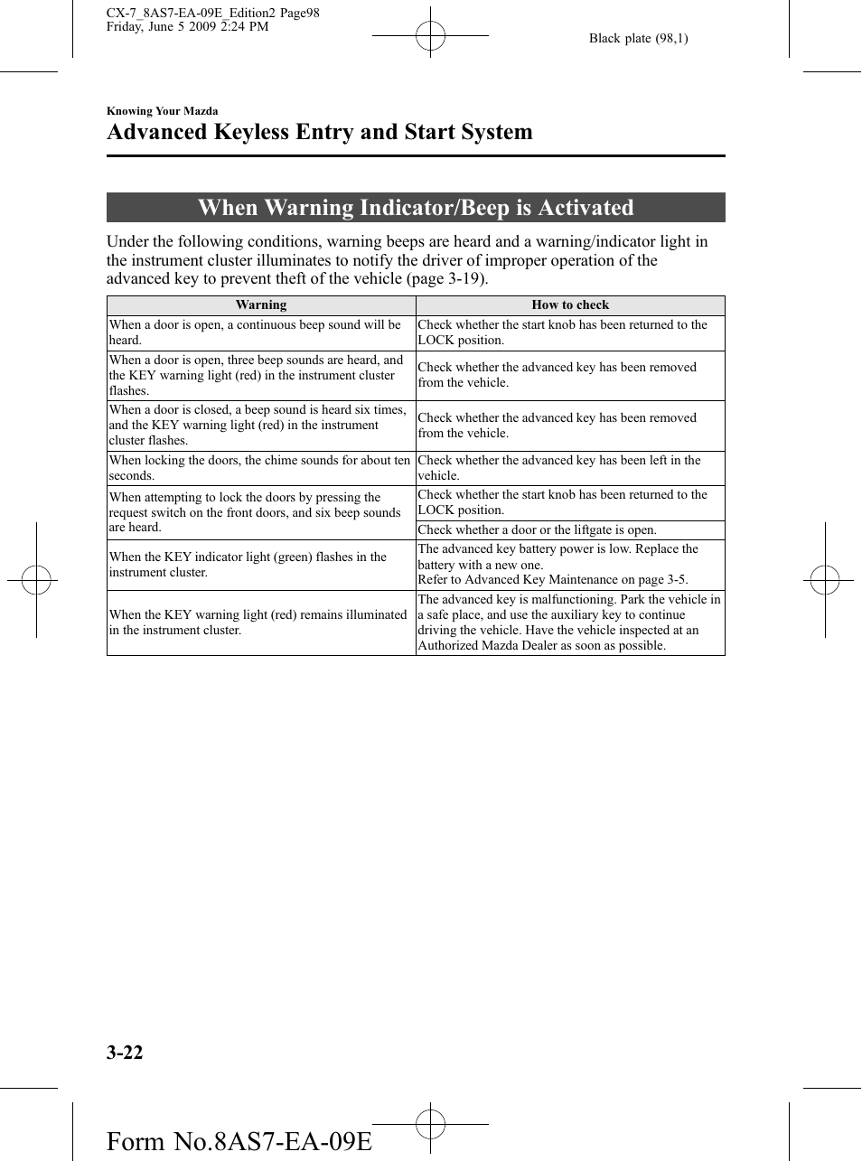 When warning indicator/beep is activated, When warning indicator/beep is activated -22, Form no.8as7-ea-09e | Advanced keyless entry and start system | Mazda 2010 CX-7 User Manual | Page 98 / 510