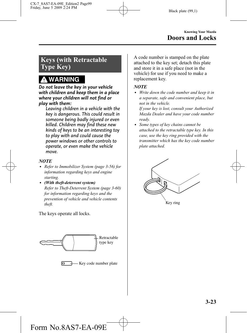 Doors and locks, Keys (with retractable type key), Doors and locks -23 | Keys (with retractable type key) -23, Form no.8as7-ea-09e, Warning | Mazda 2010 CX-7 User Manual | Page 99 / 510