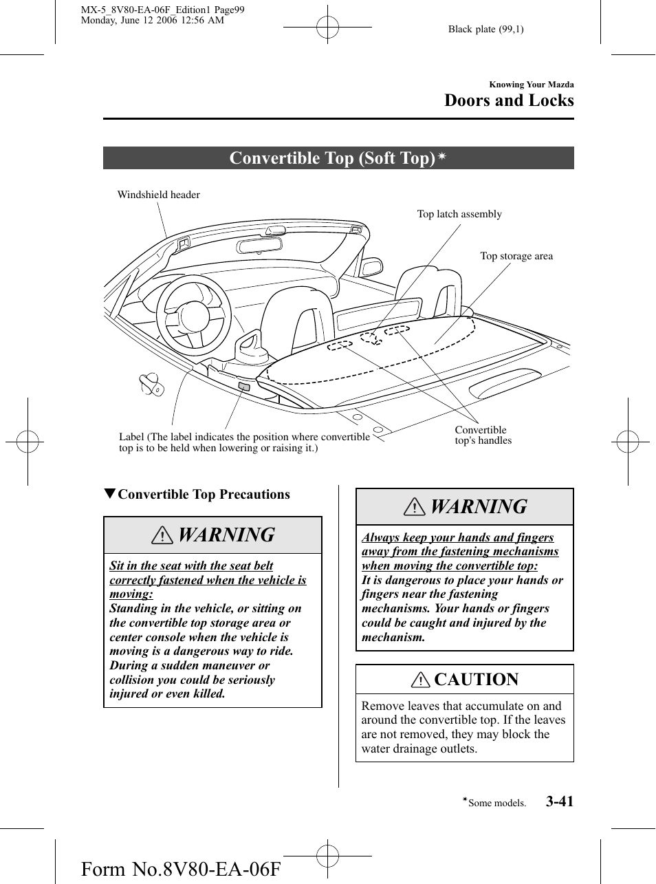 Convertible top (soft top), Warning, Caution | Doors and locks | Mazda MX-5 User Manual | Page 100 / 407