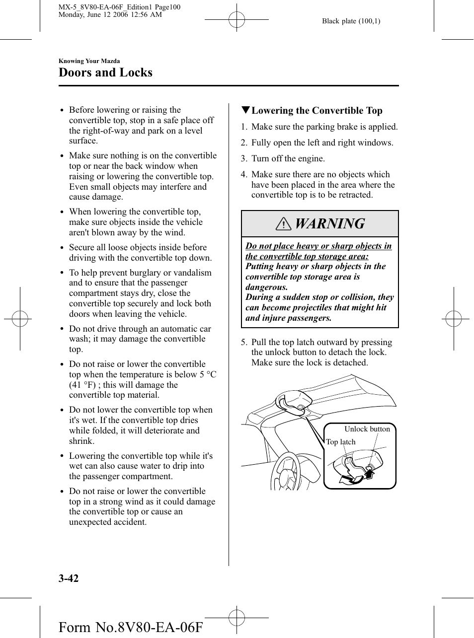 Warning, Doors and locks, Qlowering the convertible top | Mazda MX-5 User Manual | Page 101 / 407