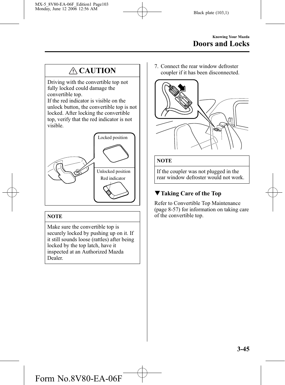 Caution, Doors and locks | Mazda MX-5 User Manual | Page 104 / 407